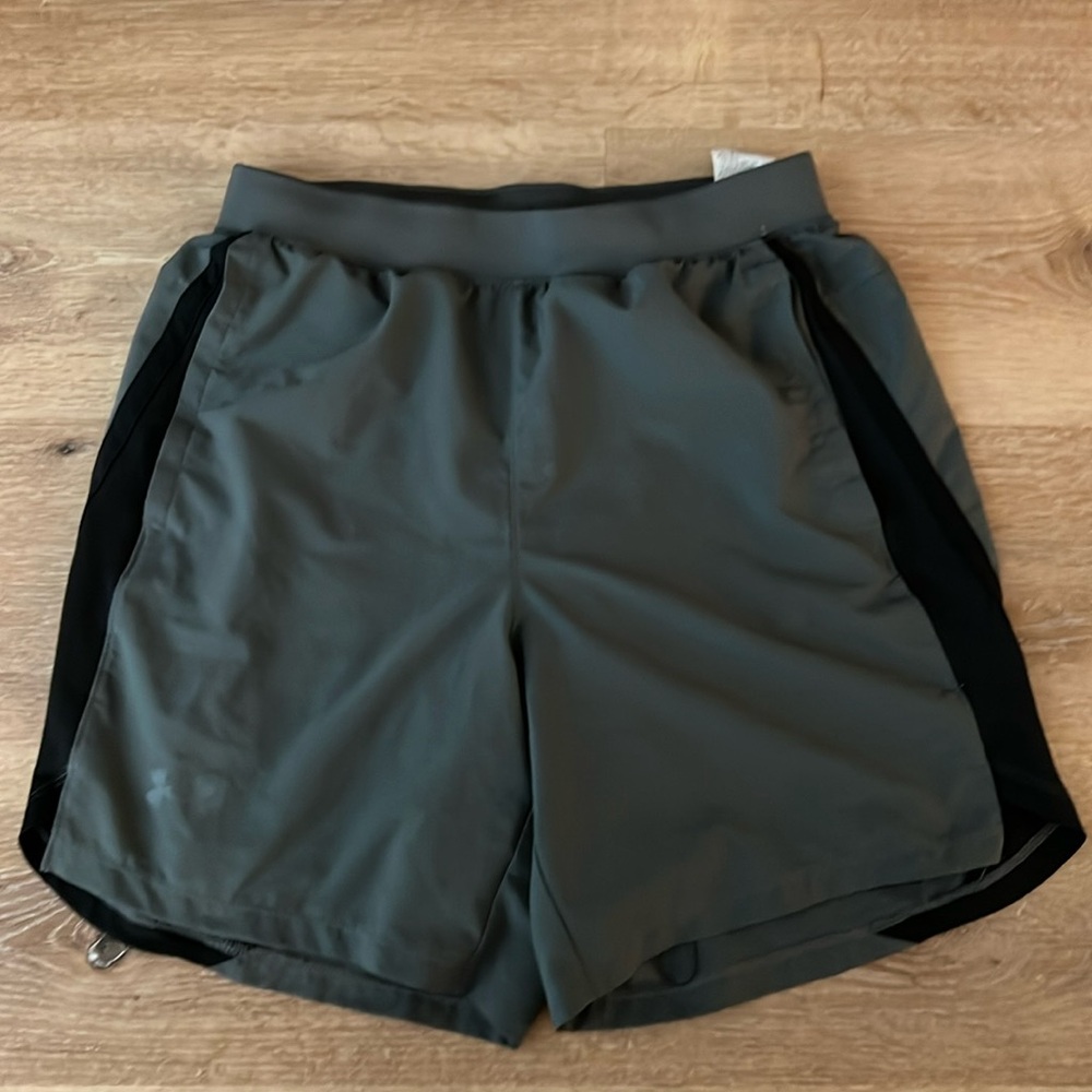 Gray with black stripe Under Armour Running Shorts with liner -  Medium
